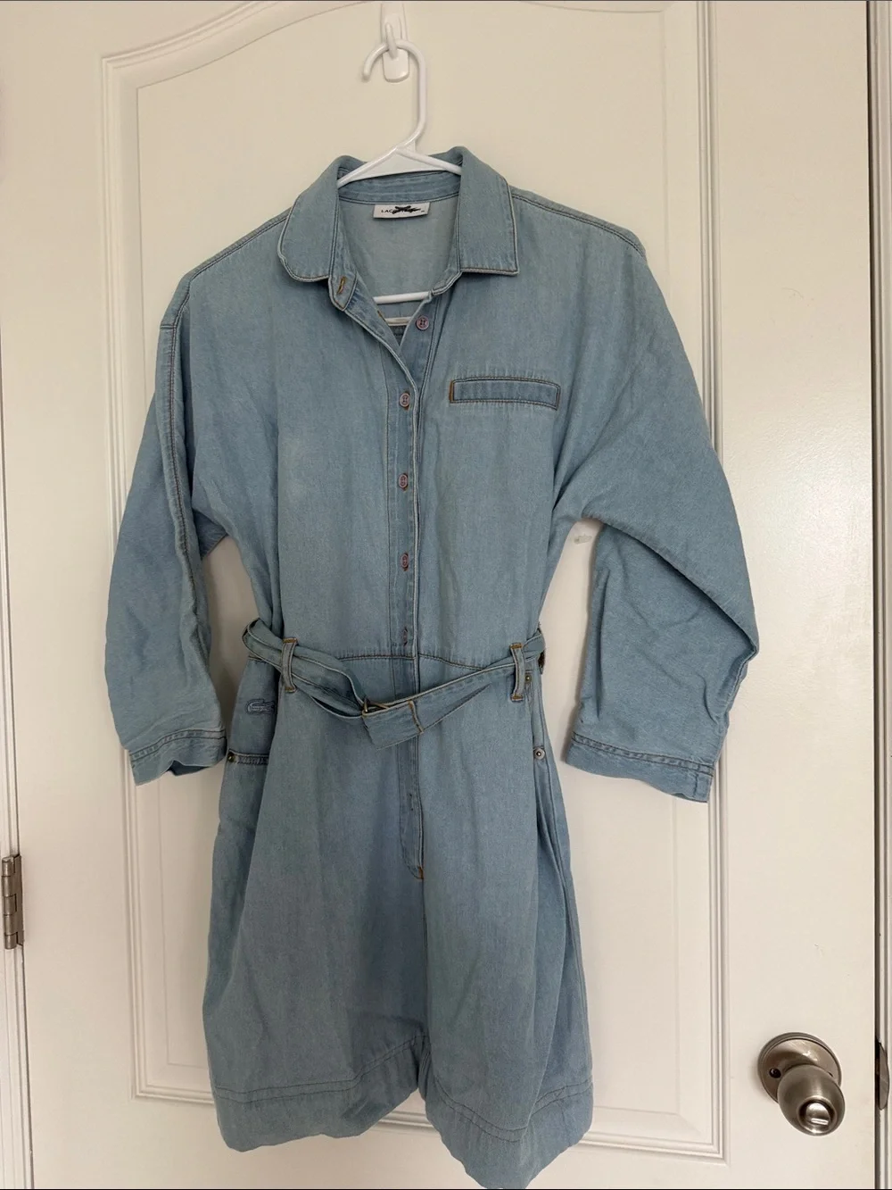 LACOSTE Light Blue Denim Belted Dress with Collar Sz 36 Long Sleeves Denim Mini - Picture 6 of 10